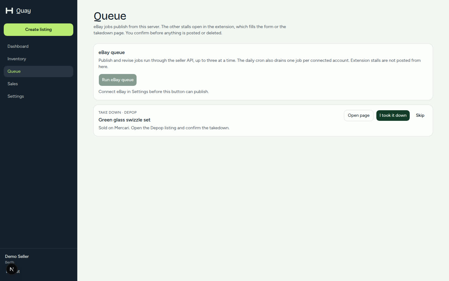 OneDrop queue with an item waiting to be removed from another marketplace